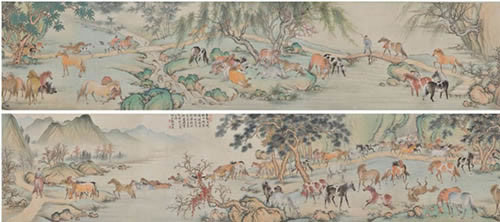 殷梓湘《柳荫浴马》设色绢本手卷35 × 310cm1975年作