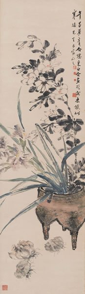 郑午昌、郑曼青、方介堪、汪采白合作 三友图纸本立轴 137 × 39 cm