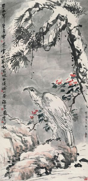 刘海粟、诸乐三、吴茀之、朱文侯合作 松鹰图纸本立轴 136 × 66 cm