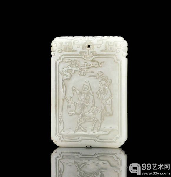 清中期 青白玉踏雪寻梅诗文牌长 6.3 cm