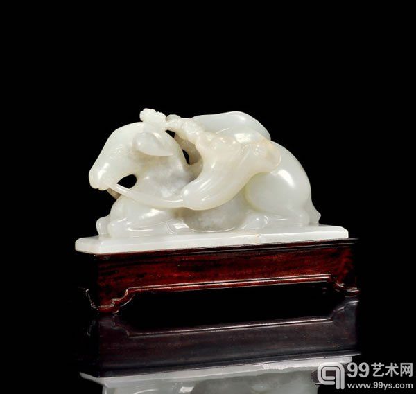 清早期 白玉鹿衔灵芝纸镇长 10.1 cm