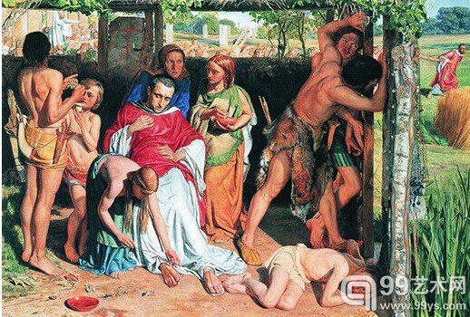 由伊丽莎白·希达尔担任模特之一的威廉·霍尔曼·亨特作品《被转换的英国家庭庇护基督传教士》,布面油画,1849-1850年
