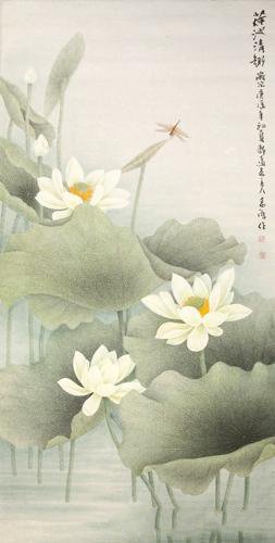 董希源莲池清趣纸本镜片136×69cm