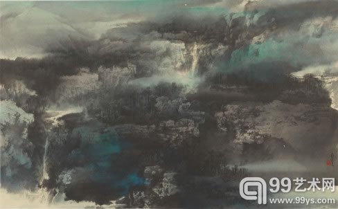何百里紫岩双瀑59×96cm纸本水墨1993