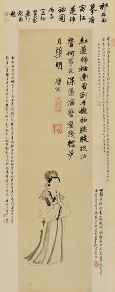 祁崑 临唐寅红莲锦袖图纸本立轴99 × 28 cm
