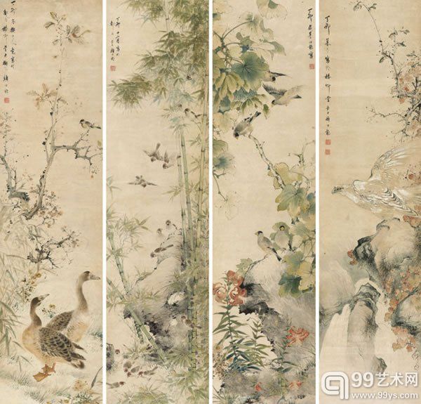 颜伯龙 花鸟四条屏纸本四条屏171 × 43 cm （4）