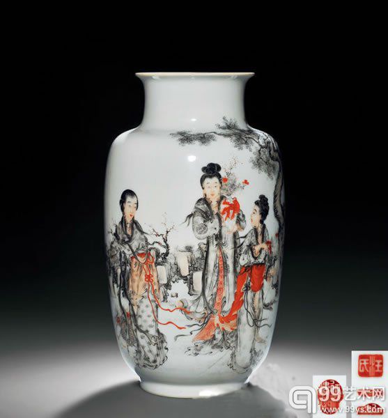 民国 汪晓棠款矾红墨彩仕女图灯笼瓶