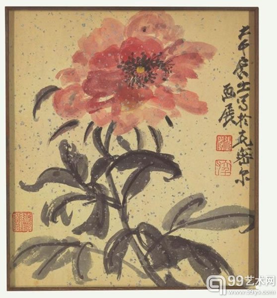 拍品编号87张大千《牡丹》设色洒金笺镜框10x9英吋(27.5x24.8公分)美元15,000-20,000