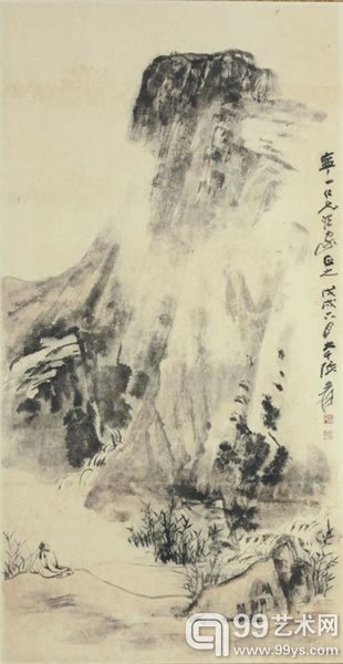 拍品编号89张大千《溪山高逸》设色纸本镜框一九五八年作35x18英吋(90.5x47公分)美元70,000-90,000