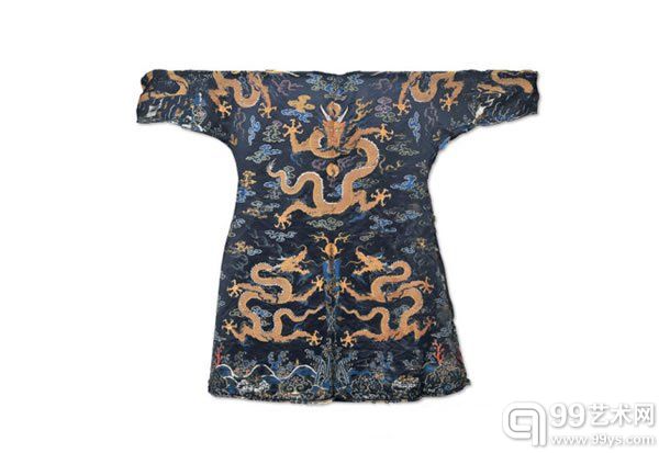 清早期 藏青缎织彩云金龙纹吉服袍
