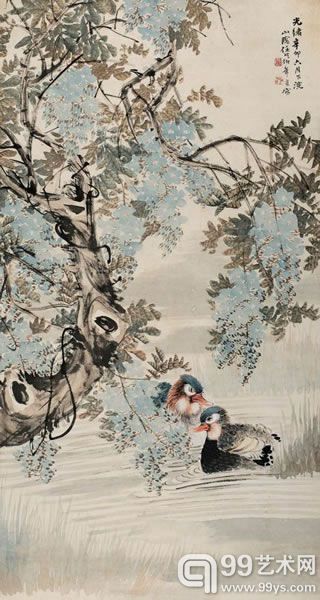 任伯年 紫藤双禽纸本镜心123 × 66 cm 