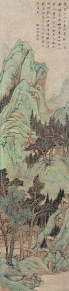 王学浩 青绿山水纸本立轴185 × 44 cm