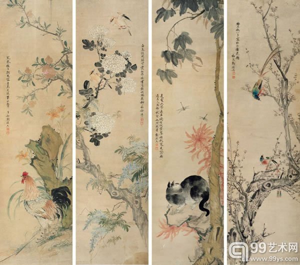 刘德六 花鸟四条屏纸本四条屏169 × 47 cm (4)