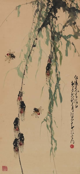 赵少昂柳蝉图立轴设色纸本