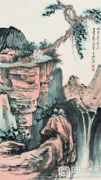 张大千松崖闲坐镜心设色纸本