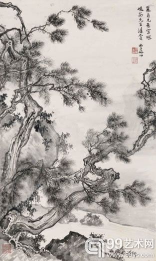 李研山松树镜心水墨纸本