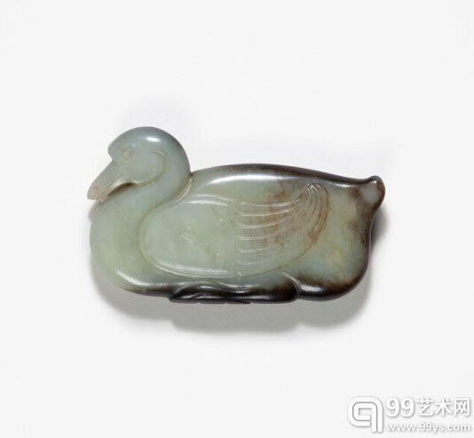 明青白褐色玉俏色巧雕鸭摆件