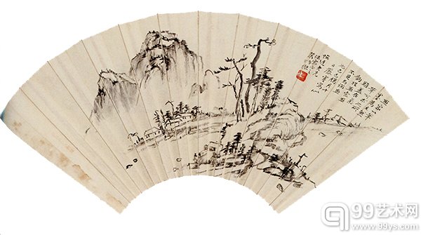 曾熙1929年作品《水墨山水扇面》 26x60厘米