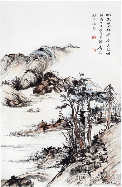 这张《山水图》是曾熙未竟之作，曾熙去世后，有其弟子张大千补笔完成