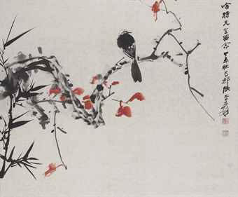拍品编号 88张大千  《红叶小鸟》  设色纸本  镜框  一九六七年作