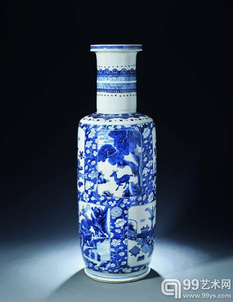 清康熙 青花缠枝莲开光山水人物瑞兽博古图大棒槌瓶 59.8万元成交