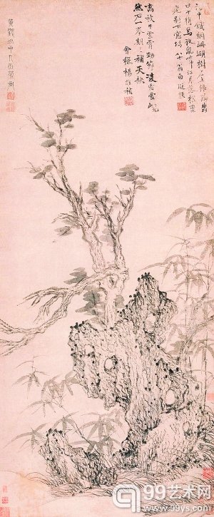 王蒙《霜柯竹石图轴》 　　（高118厘米，宽49厘米）