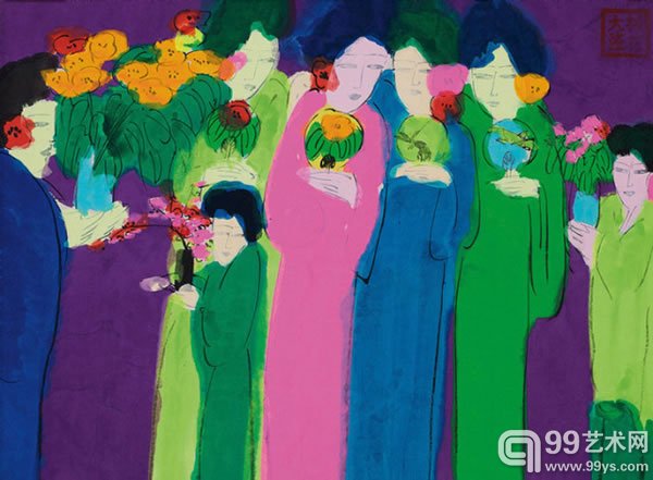 丁雄泉 《戴花少女》压克力纸本裱於画布47 x 63 cm.估价﹕HK$ 60,000 - 80,000US$ 7,700 - 10,300