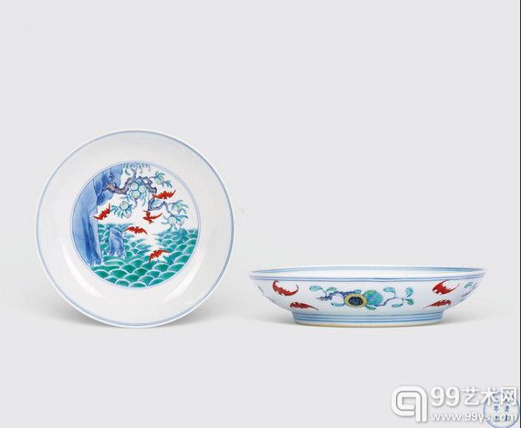 清雍正 斗彩五福捧寿纹盘