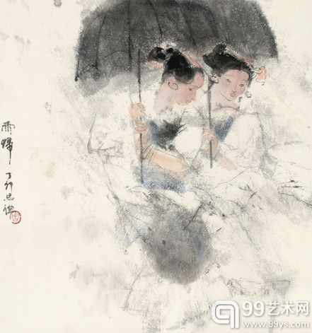 周思聪 丁卯（1987年）作 雨归 镜心	
