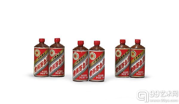 1985-1986年五星牌贵州茅台-红釉瓶中国白酒54度540ml960g1986年1月11日,1月25日,5月7日,1985年1月21日,3月19日,约1986年6瓶估价﹕HK$420,000-546,000US$53,840-70,000