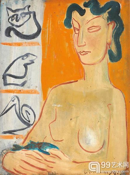 丁衍庸无题油彩木板 (双面画）约1967-1968年作60 x 44.5 公分 (23 5/8 x 17 1/2 英寸)款识：Y.Y. Ting 6/2. 67 (右下) Y.Y. Ting 5/8. 68 (画背)港币2,000,000-2,500,000美元256,400-320,500