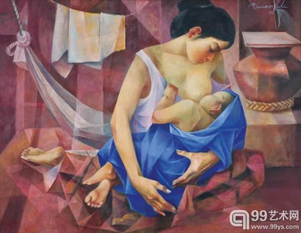 维参特．马南萨拉母与子油彩画布1976年作71 x 91.5 公分 (28 x 36 英寸)款识: Manansala 76 （右上）港币1,000,000-1,400,000美元128,200-179,500