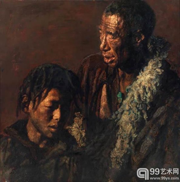 陈逸飞父与子（西藏）油彩画布1995年作198.5 x 198.5公分 (78 1/8 x 78 1/8 英寸)款识：陈逸飞 Chen Yifei（右下）港币15,000,000-25,000,000美元1,923,100-3,205,100