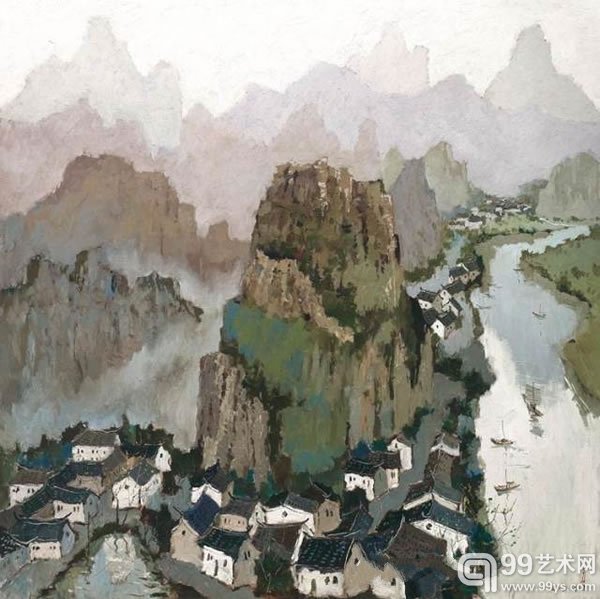 龎均山水之间油彩画布2005年作170 x 170 公分 (66 15/16 x 66 15/16 英寸)款识：庞均 2005.1.1 （右下）；庞均 Pang Jiun 2005 （画背）港币1,000,000-1,500,000美元128,200-192,300