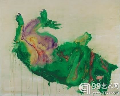 周春芽绿狗系列油彩画布2002年作120 x 150 公分(47 1/4 x 59 英吋)签名︰周春芽; Zhou Chunya港币3,200,000-4,000,000美元410,300- 512,800