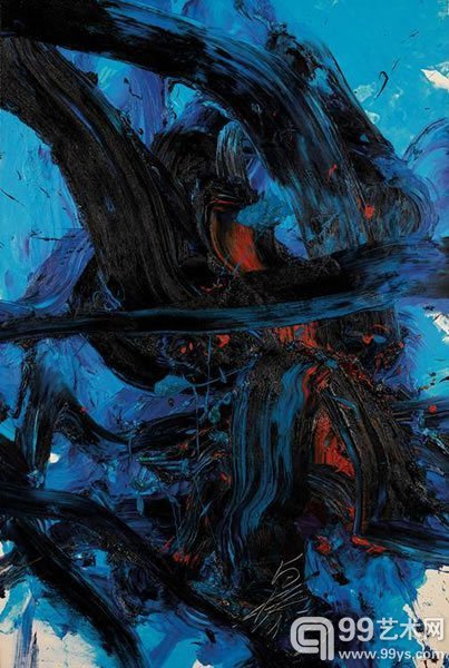 白髪一雄海炎油彩画布1999年作194 x 130 公分(76 3/8 x 51 1/8 英寸)款识：白髪99 (中下) Kaien Kazuo Shiraga 24 Feb 1999 海炎白髪一雄平成十一年二十四日(画背)港币10,000,000-15,000,000美元1,282,100-1,923,100