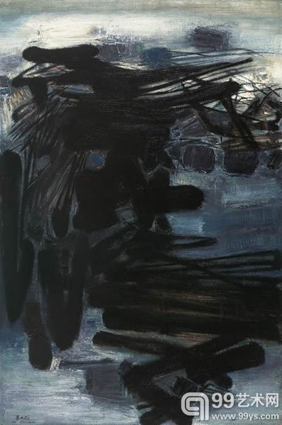 朱德群奥瀛第六十三号油彩画布1960年作145.5 x 96 公分(57 1/2 x 38 英寸)款识：朱德群Chu Teh-Chun (右下) Chu Teh-Chun Eaux profondes No. 63 1960 (画背)港币16,000,000-20,000,000美元2,051,300-2,564,100