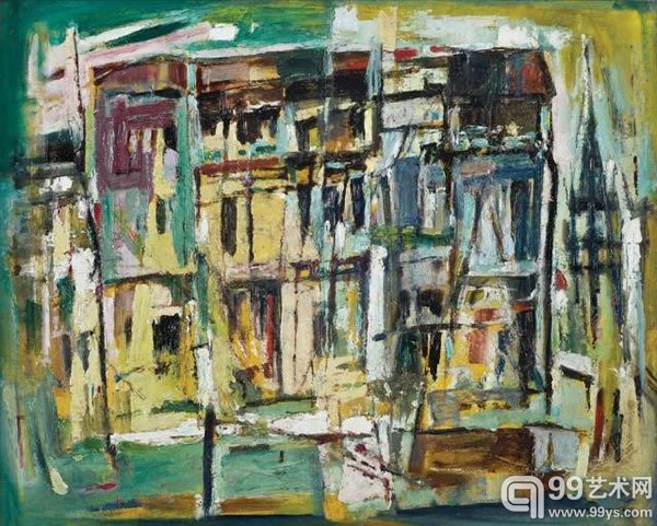 陈文希驳船码头边的房屋油彩画布裱于木板1950年代末-1960年代初作61 x 76 公分(24 x 30 3/8 英寸)款识: C. Wen Hsi (右下)港币1,200,000-1,800,000美元153,800-230,800