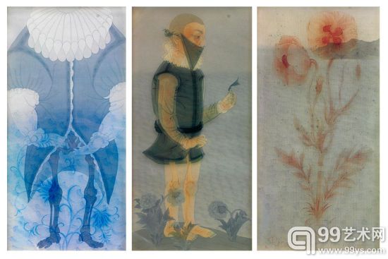 郝量（b. 1983）科学的世界绢本水墨 丝网版画  2009年作 100×50cm×3