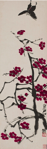 齐白石红梅蝴蝶设色纸本立轴 85×27 cm