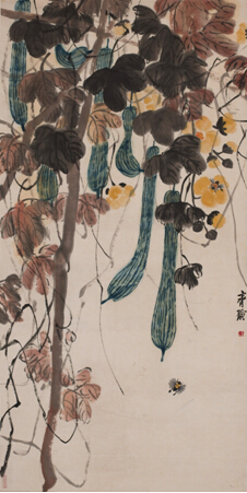 齐白石丝瓜蜜蜂设色纸本立轴 135×68cm