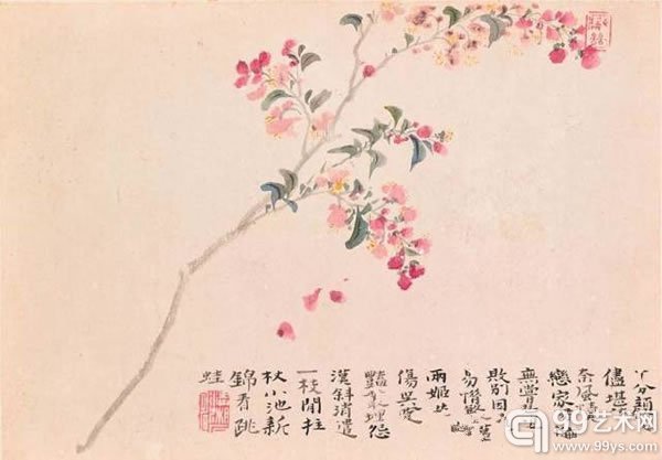 清石涛花卉册设色纸本册页镜框八幅每幅26.7x38.1公分(10?x15英寸)港币18,000,000–26,000,000美元2,330,000–3,360,000