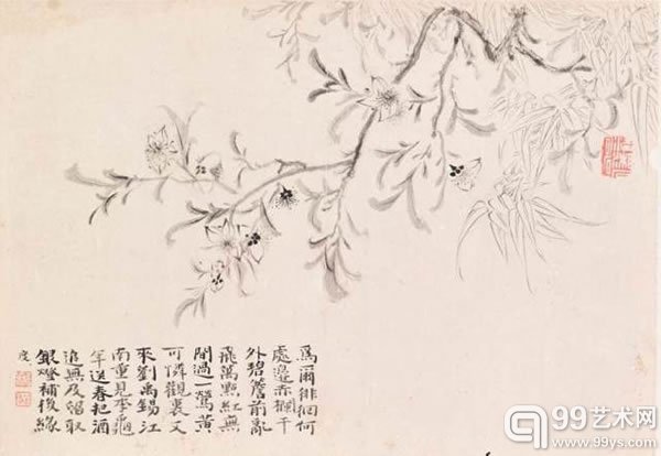 清石涛花卉册设色纸本册页镜框八幅每幅26.7x38.1公分(10?x15英寸)港币18,000,000–26,000,000美元2,330,000–3,360,000
