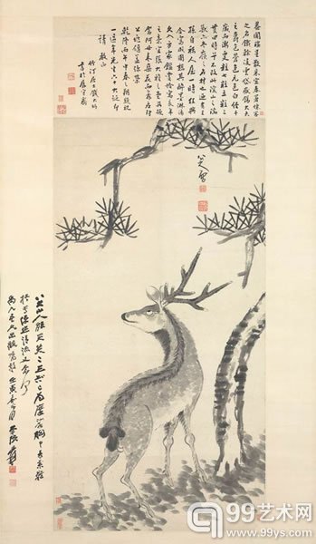 清八大山人松鹿图水墨纸本镜框161.8x67公分(63?x263/8英寸)港币8,000,000–10,000,000美元1,000,000–1,300,000