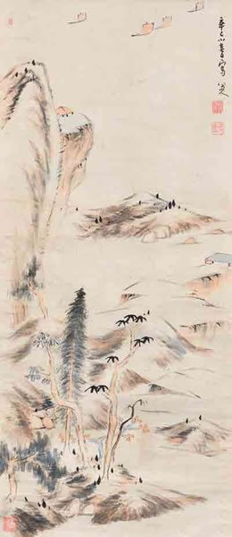 清八大山人扬子江图设色纸本立轴149.2x64.8公分(58?x25?英寸)一七零一年作港币2,500,000-3,000,000美元323,000-388,000