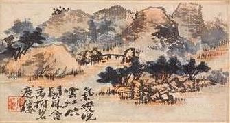 清石涛山水册页设色纸本立轴镜框13.5x26公分(5?x10?英寸)港币400,000–600,000美元52,000–78,000