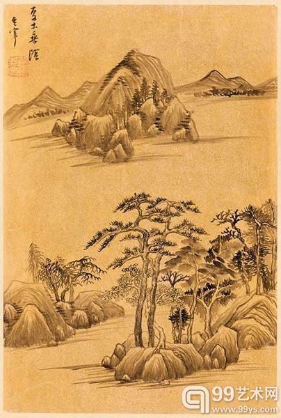 明董其昌山水书法册水墨金笺/绢本镜框十二幅每幅约38x26公分(15x10?英寸)港币5,000,000–6,000,000美元650,000–775,000
