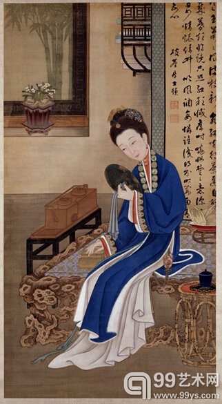清雍正年间宫廷绘制的仕女画像之《照镜》