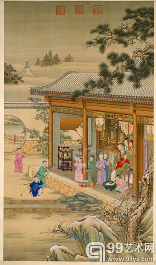 清乾隆年间郎世宁作品《弘历雪景行乐图》