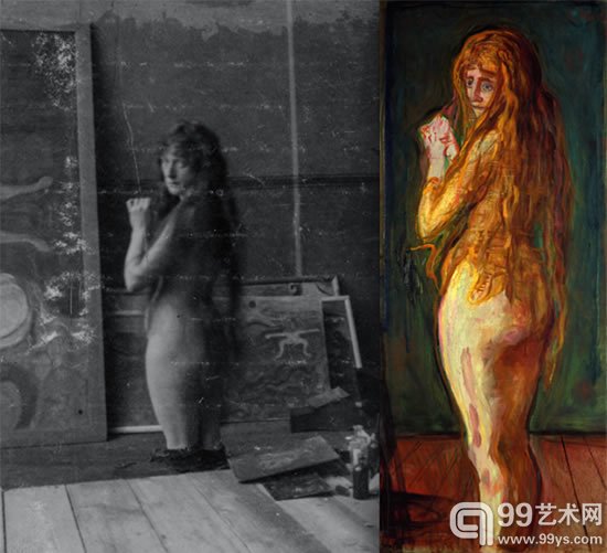 右图为蒙克作品《赤裸的女人》（1902）。左图很可能是蒙克本人拍摄的，模特儿可能是他当时的女友图拉·拉尔森。